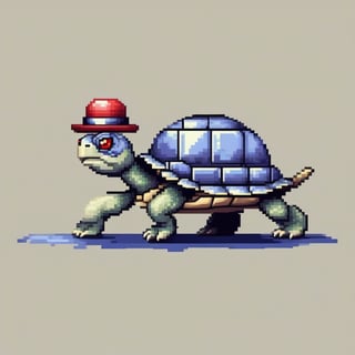 A turtle, ((with a hat on his head and red eyes:1.5)), crawling forward on all fours,
(full body picture),
(from the side),
A blue background,
(Pixel Art :1.3), Pixel style,