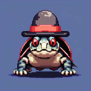 A turtle, ((with a hat on his head and red eyes:1.5)), crawling forward on all fours,
(full body picture),
(from the side),
A blue background,
(Pixel Art :1.3), Pixel style,