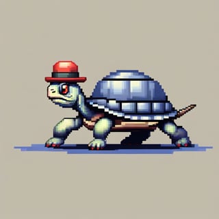 A turtle, ((with a hat on his head and red eyes:1.5)), crawling forward on all fours,
(full body picture),
(from the side),
A blue background,
(Pixel Art :1.3), Pixel style,