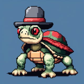 A turtle, ((with a hat on his head and red eyes:1.1)), crawling forward on all fours,(full body picture),(from the side:1.9),
A blue background,(Pixel Art :1.3), Pixel style,