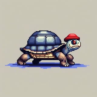 A turtle, ((with a hat on his head and red eyes:1.5)), crawling forward on all fours,
(full body picture),
(from the side),
A blue background,
(Pixel Art :1.3), Pixel style,