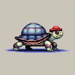 A turtle, ((with a hat on his head and red eyes:1.5)), crawling forward on all fours,
(full body picture),
(from the side),
A blue background,
(Pixel Art :1.3), Pixel style,