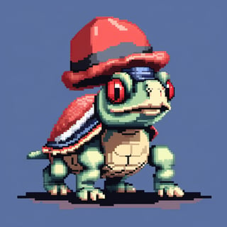 A turtle, ((with a hat on his head and red eyes:1.5)), crawling forward on all fours,
(full body picture),
(from the side),
A blue background,
(Pixel Art :1.3), Pixel style,