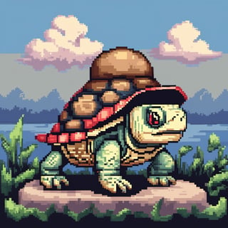 ((Turtle wearing a hat on the head)), turtle's red eyes, limbs crawling forward, (full body), (side full body picture), sky blue background, (Pixel art:1.5), pixel style,pixelstyle,