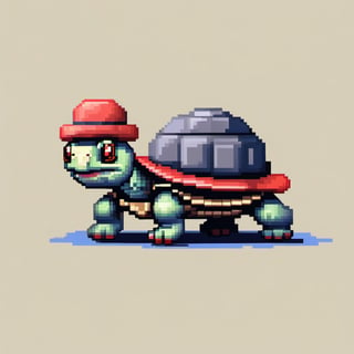 A turtle, ((with a hat on his head and red eyes:1.5)), crawling forward on all fours,
(full body picture),
(from the side),
A blue background,
(Pixel Art :1.3), Pixel style,