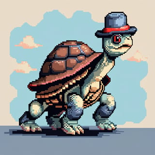 ((Turtle wearing a hat on the head:1.6)), turtle's red eyes, limbs crawling forward, (full body), (side full body picture), sky blue background, ((Pixel art:1.5)), pixel style,pixelstyle,