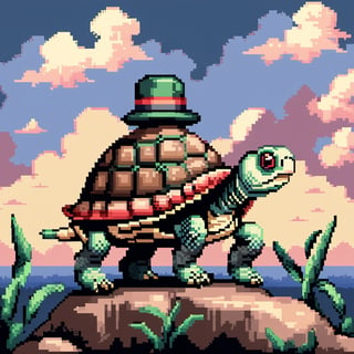 ((Turtle wearing a hat on the head:1.6)), turtle's red eyes, limbs crawling forward, (full body), (side full body picture), sky blue background, ((Pixel art:1.5)), pixel style,pixelstyle,