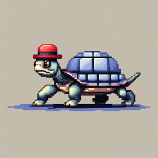 A turtle, ((with a hat on his head and red eyes:1.5)), crawling forward on all fours,
(full body picture),
(from the side),
A blue background,
(Pixel Art :1.3), Pixel style,