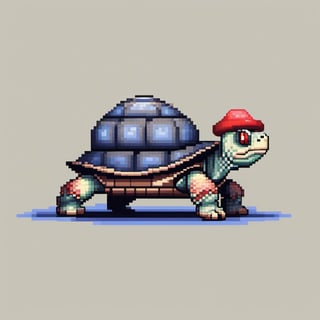 A turtle, ((with a hat on his head and red eyes:1.5)), crawling forward on all fours,
(full body picture),
(from the side),
A blue background,
(Pixel Art :1.3), Pixel style,