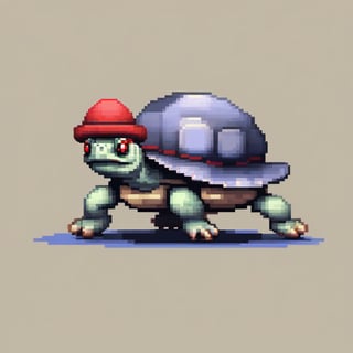 A turtle, ((with a hat on his head and red eyes:1.5)), crawling forward on all fours,
(full body picture),
(from the side),
A blue background,
(Pixel Art :1.3), Pixel style,