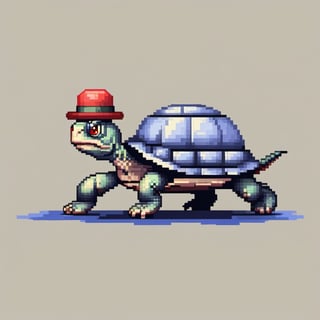 A turtle, ((with a hat on his head and red eyes:1.5)), crawling forward on all fours,
(full body picture),
(from the side),
A blue background,
(Pixel Art :1.3), Pixel style,