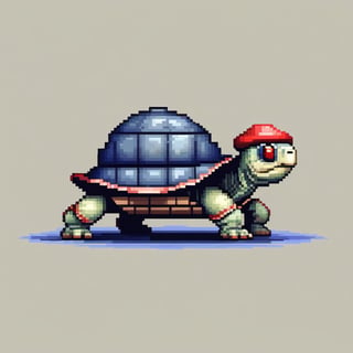 A turtle, ((with a hat on his head and red eyes:1.5)), crawling forward on all fours,
(full body picture),
(from the side),
A blue background,
(Pixel Art :1.3), Pixel style,