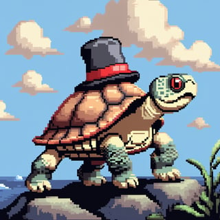 ((Turtle wearing a hat on the head:1.6)), turtle's red eyes, limbs crawling forward, (full body), (side full body picture), sky blue background, ((Pixel art:1.5)), pixel style,pixelstyle,