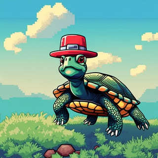 ((Turtle wearing a hat on the head:1.6)), turtle's red eyes, limbs crawling forward, (full body), (side full body picture), sky blue background, (Pixel art:1.5), pixel style,pixelstyle,