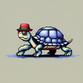 A turtle, ((with a hat on his head and red eyes:1.5)), crawling forward on all fours,
(full body picture),
(from the side),
A blue background,
(Pixel Art :1.3), Pixel style,