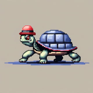 A turtle, ((with a hat on his head and red eyes:1.5)), crawling forward on all fours,
(full body picture),
(from the side),
A blue background,
(Pixel Art :1.3), Pixel style,