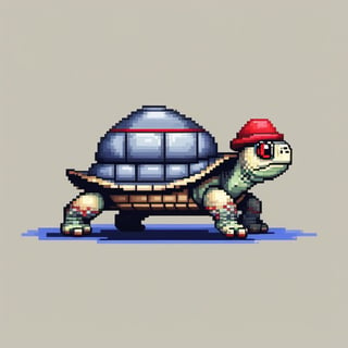 A turtle, ((with a hat on his head and red eyes:1.5)), crawling forward on all fours,
(full body picture),
(from the side),
A blue background,
(Pixel Art :1.3), Pixel style,