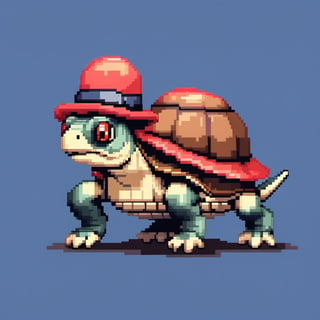 A turtle, ((with a hat on his head and red eyes:1.1)), crawling forward on all fours,
(full body picture),
(from the side),
A blue background,
(Pixel Art :1.3), Pixel style,