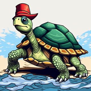 ((Turtle wearing a hat on the head:1.6)), turtle's red eyes, limbs crawling forward, (full body), (side full body picture), sky blue background, (Pixel art:1.5), pixel style,pixelstyle,