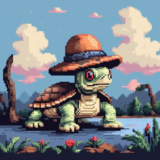 ((Turtle wearing a hat on the head)), turtle's red eyes, limbs crawling forward, (full body), (side full body picture), sky blue background, (Pixel art:1.5), pixel style,pixelstyle,