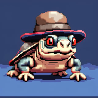 A turtle, ((with a hat on his head and red eyes:1.5)), crawling forward on all fours,
(full body picture),
(from the side),
A blue background,
(Pixel Art :1.3), Pixel style,