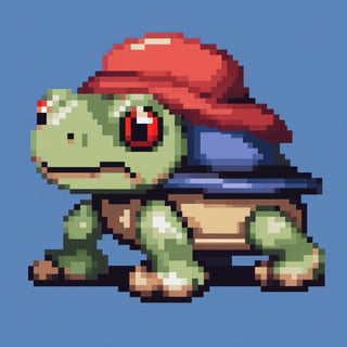 A turtle, ((with a hat on his head and red eyes:1.1)), crawling forward on all fours,(full body picture),(from the side:1.9),
A blue background,(Pixel Art :1.3), Pixel style,