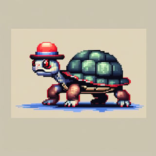 A turtle, ((with a hat on his head and red eyes:1.5)), crawling forward on all fours,
(full body picture),
(from the side),
A blue background,
(Pixel Art :1.3), Pixel style,