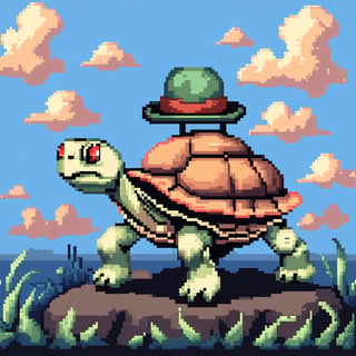 ((Turtle wearing a hat on the head:1.6)), turtle's red eyes, limbs crawling forward, (full body), (side full body picture), sky blue background, ((Pixel art:1.5)), pixel style,pixelstyle,