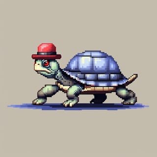 A turtle, ((with a hat on his head and red eyes:1.5)), crawling forward on all fours,
(full body picture),
(from the side),
A blue background,
(Pixel Art :1.3), Pixel style,