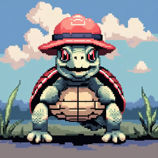 ((Turtle wearing a hat on the head:1.6)), turtle's red eyes, limbs crawling forward, (full body), (side full body picture), sky blue background, ((Pixel art:1.5)), pixel style,pixelstyle,