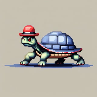 A turtle, ((with a hat on his head and red eyes:1.5)), crawling forward on all fours,
(full body picture),
(from the side),
A blue background,
(Pixel Art :1.3), Pixel style,