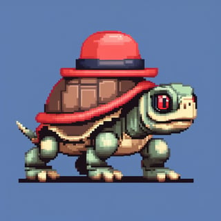 A turtle, ((with a hat on his head and red eyes:1.1)), crawling forward on all fours,(full body picture),(from the side:1.9),
A blue background,(Pixel Art :1.3), Pixel style,