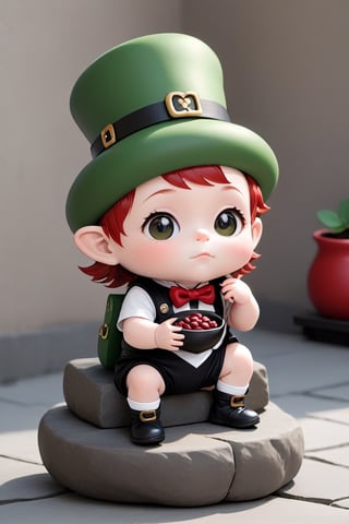 A baby,Little leprechaun, wearing red bean band, in white and black colors, on stone,in a little house,masterpiece, best quality, sticker