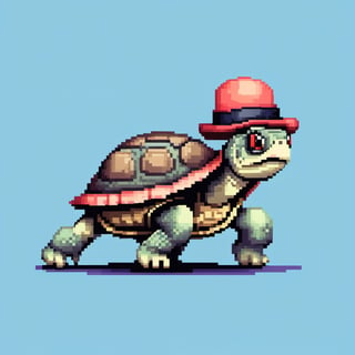 ((Turtle wearing a hat on the head:1.6)), turtle's red eyes, limbs crawling forward, (full body), (side full body picture), sky blue background, ((Pixel art:1.5)), pixel style,pixelstyle,