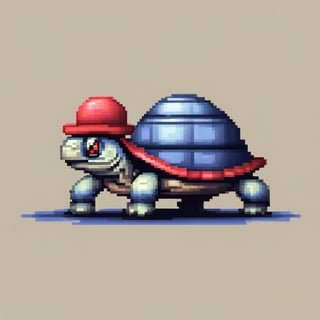 A turtle, ((with a hat on his head and red eyes:1.5)), crawling forward on all fours,
(full body picture),
(from the side),
A blue background,
(Pixel Art :1.3), Pixel style,