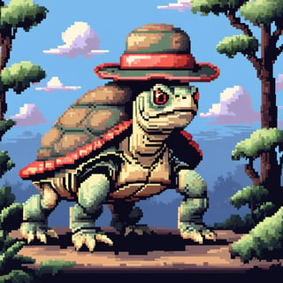 ((Turtle wearing a hat on the head)), turtle's red eyes, limbs crawling forward, (full body), (side full body picture), sky blue background, (Pixel art:1.5), pixel style,pixelstyle,