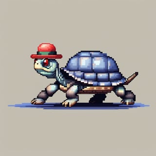 A turtle, ((with a hat on his head and red eyes:1.5)), crawling forward on all fours,
(full body picture),
(from the side),
A blue background,
(Pixel Art :1.3), Pixel style,