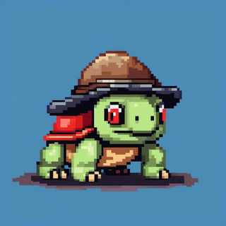 A turtle, ((with a hat on his head and red eyes:1.1)), crawling forward on all fours,(full body picture),(from the side:1.9),
A blue background,(Pixel Art :1.3), Pixel style,