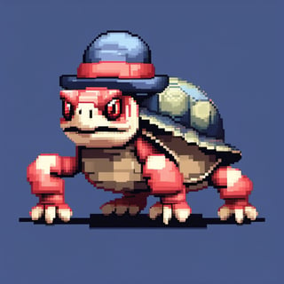 A turtle, ((with a hat on his head and red eyes:1.5)), crawling forward on all fours,
(full body picture),
(from the side),
A blue background,
(Pixel Art :1.3), Pixel style,