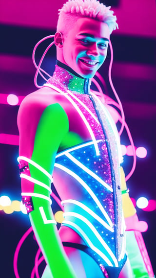  young man with vibrant dreadlocks and a mischievous grin, wearing a high-tech bodysuit that acts as a musical instrument. The suit is covered in glowing pads and sensors, which he manipulates to create pulsing electronic beats and light shows. The pose is energetic and playful, as he performs for a crowd under the cyberpunk night sky, cyber_armor,photorealistic,cyber_armor