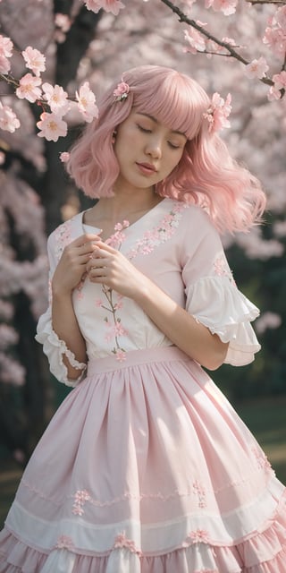  A young woman with flowing pink hair, wearing a light pink lolita dress adorned with delicate cherry blossom embroidery. She twirls beneath a canopy of blooming trees, petals swirling around her in the gentle spring breeze. (Style: Romantic, Japanese-inspired, Detailed)
,lolimix,photorealistic,Masterpiece