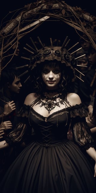  A young woman in a tattered, rat-themed dress leads a procession of children into a swirling vortex of darkness. Her smile is vacant, her eyes filled with an unsettling gleam, as she sacrifices her followers to an unknown entity. (Style: Cult Horror, Dark Fantasy, Detailed)
,lolimix,Masterpiece