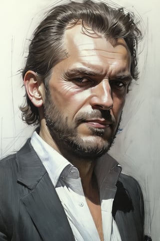 Masterpiece, best quality, dreamwave, aesthetic, 1 man, russian actor Alexandr Petrov, open look (looks into the eyes), charmingly sexy smile, free sheet field, sketch, ruler, pencil, white background, portrait of Nikolai Aleksanov, Nikolai Feshin style, oil painting, charcoal \ (medium \),