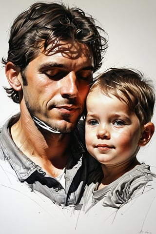 Masterpiece, best quality, dreamwave, aesthetic, portrait: 1 husband 29 years old and 1boy- chield 2 years old, open look, (looking into the eyes), t-shirt, smiling charmingly, short brown hair, sketch, lineart, pencil, white background, portrait by Alexanov, Style by Nikolay Feshin, artistic oil painting stick,charcoal \(medium\),