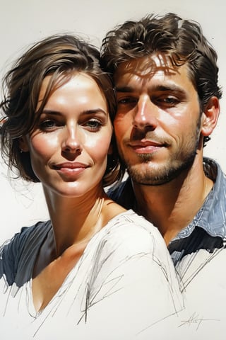 Masterpiece, best quality, dreamwave, aesthetic, portrait: 1 wife, 1 husband 26 years old and 1boy- chield 2 years old, open look, (looking into the eyes), smiling charmingly, short brown hair, sketch, lineart, pencil, white background, portrait by Alexanov, Style by Nikolay Feshin, artistic oil painting stick,charcoal \(medium\),