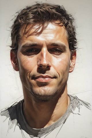 Masterpiece, best quality, dreamwave, aesthetic, portrait: 1 husband 29 years old and 1boy- chield 2 years old, open look, (looking into the eyes), t-shirt, smiling charmingly, short brown hair, sketch, lineart, pencil, white background, portrait by Alexanov, Style by Nikolay Feshin, artistic oil painting stick,charcoal \(medium\),