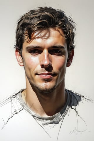 Masterpiece, best quality, dreamwave, aesthetic, portrait: 1 husband 26 years old, open look, (looking into the eyes), smiling charmingly, short brown hair, sketch, lineart, pencil, white background, portrait by Alexanov, Style by Nikolay Feshin, artistic oil painting stick,charcoal \(medium\),