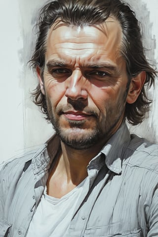 Masterpiece, best quality, dreamwave, aesthetic, 1 man, russian actor Alexandr Petrov, open look (looks into the eyes), charmingly sexy smile, free sheet field, sketch, ruler, pencil, white background, portrait of Nikolai Aleksanov, Nikolai Feshin style, oil painting, charcoal \ (medium \),