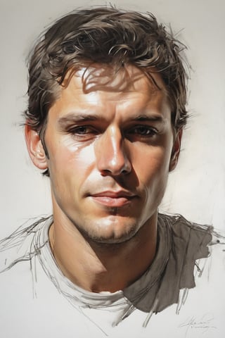 Masterpiece, best quality, dreamwave, aesthetic, portrait: 1 husband 29 years old and 1boy- chield 2 years old, open look, (looking into the eyes), t-shirt, smiling charmingly, short brown hair, sketch, lineart, pencil, white background, portrait by Alexanov, Style by Nikolay Feshin, artistic oil painting stick,charcoal \(medium\),