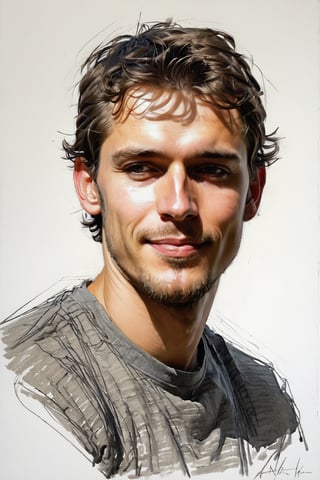 Masterpiece, best quality, dreamwave, aesthetic, portrait: 1 husband 26 years old, open look, (looking into the eyes), smiling charmingly, short brown hair, sketch, lineart, pencil, white background, portrait by Alexanov, Style by Nikolay Feshin, artistic oil painting stick,charcoal \(medium\),